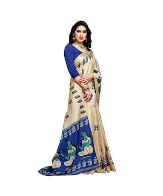 Blue printed cotton saree with blouse 4