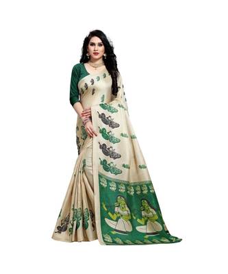 Green printed cotton saree with blouse 1