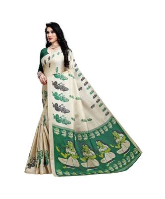 Green printed cotton saree with blouse 2