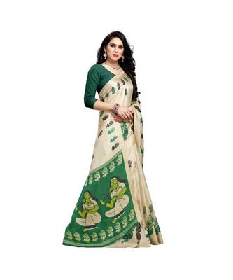 Green printed cotton saree with blouse 4