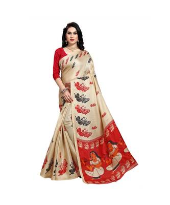 Red printed cotton saree with blouse 1