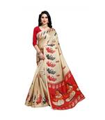 Red printed cotton saree with blouse