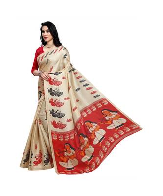 Red printed cotton saree with blouse 2