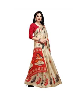 Red printed cotton saree with blouse 4