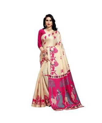 Pink printed cotton saree with blouse 1