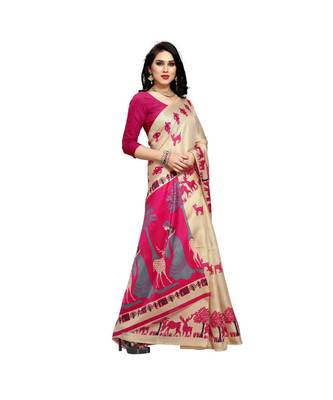 Pink printed cotton saree with blouse 4