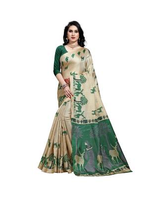 Green printed cotton saree with blouse 1