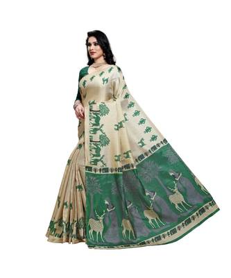 Green printed cotton saree with blouse 2