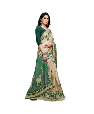 Green printed cotton saree with blouse 4