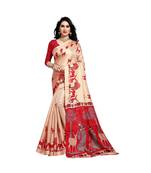 Red printed cotton saree with blouse