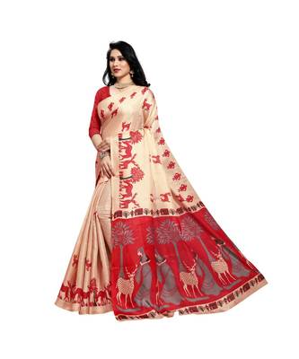 Red printed cotton saree with blouse 2