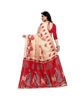 Red printed cotton saree with blouse 3