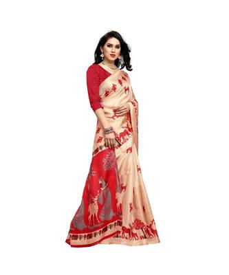 Red printed cotton saree with blouse 4