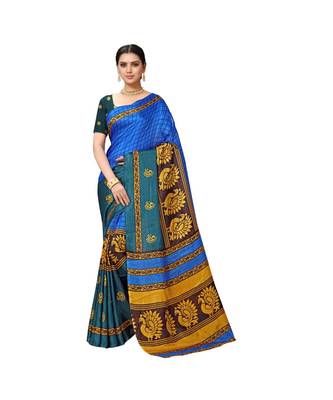 Blue printed cotton saree with blouse 1