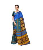 Blue printed cotton saree with blouse