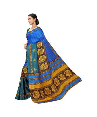 Blue printed cotton saree with blouse 2