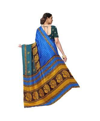 Blue printed cotton saree with blouse 3