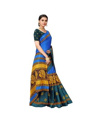 Blue printed cotton saree with blouse 4