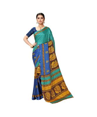 Green printed cotton saree with blouse 1