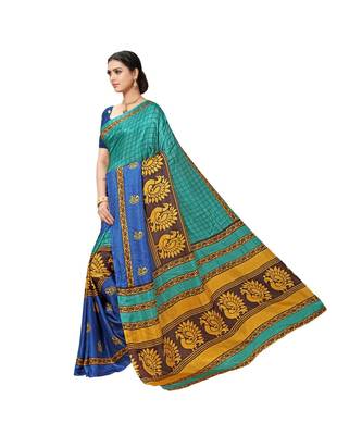 Green printed cotton saree with blouse 2