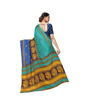 Green printed cotton saree with blouse 3