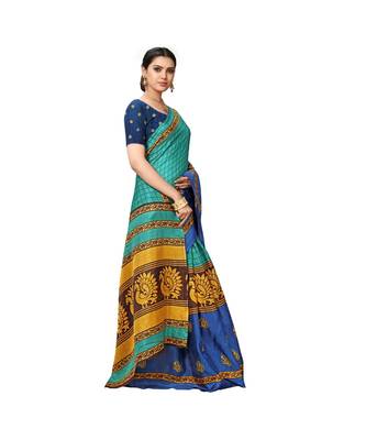 Green printed cotton saree with blouse 4