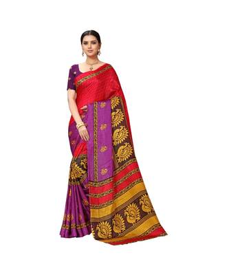 Red printed cotton saree with blouse 1