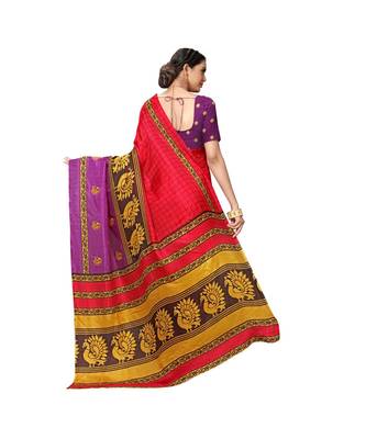 Red printed cotton saree with blouse 3