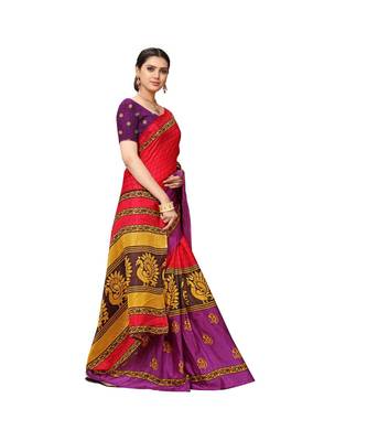 Red printed cotton saree with blouse 4
