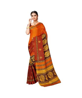 Orange printed cotton saree with blouse 1