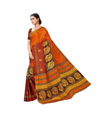 Orange printed cotton saree with blouse 2