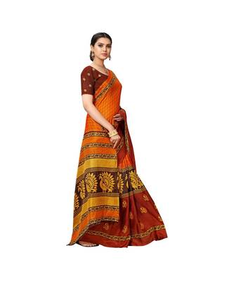 Orange printed cotton saree with blouse 4