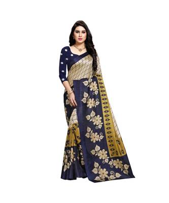 Blue printed cotton saree with blouse 1