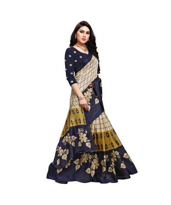 Blue printed cotton saree with blouse 4
