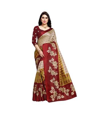 Maroon printed cotton saree with blouse 1
