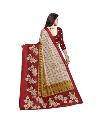 Maroon printed cotton saree with blouse 3