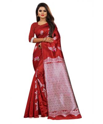 Red Color Banarasi Silk Jacquard Work Silver Peacock Banarasi Saree With Blouse 1