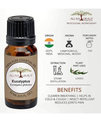All Naturals Eucalyptus Essential Oil 15ml (Ooty) 100% Pure for Cough, Colds, Clear Breathing, Joints Pain, Mosquitos 2
