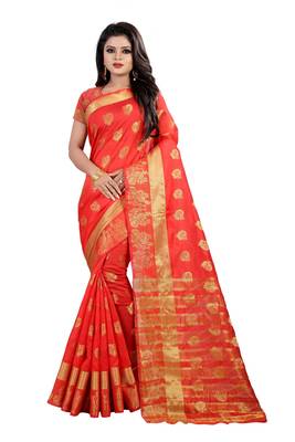 Red Cotton Silk Gold Woven Peacock Design Saree With Blouse 1