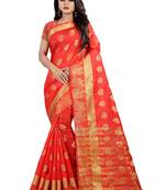 Red Cotton Silk Gold Woven Peacock Design Saree With Blouse