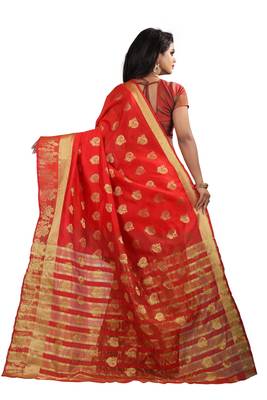 Red Cotton Silk Gold Woven Peacock Design Saree With Blouse 2