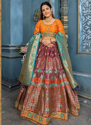 Purple Plain Silk Unstitched Lehenga 1