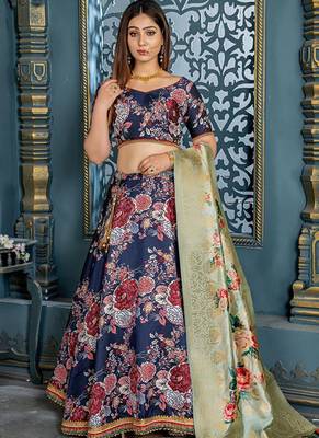Blue Plain Silk Unstitched Lehenga 1