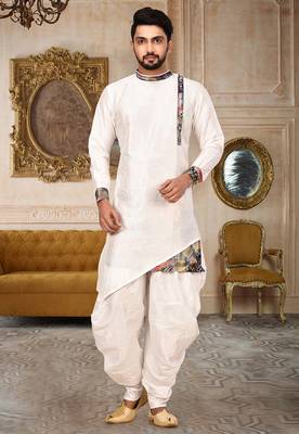 White Art Silk Dhoti Kuta With Patch Digital Printed Border Work 1