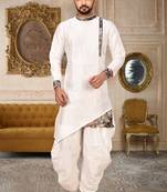 White Art Silk Dhoti Kuta With Patch Digital Printed Border Work