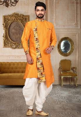 Orange Dupion Silk Dhoti Kurta With Digital Print 1