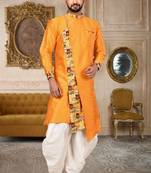 Orange Dupion Silk Dhoti Kurta With Digital Print