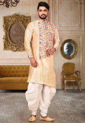 Beige And Multicolor Art Silk Dhoti Kurta 1