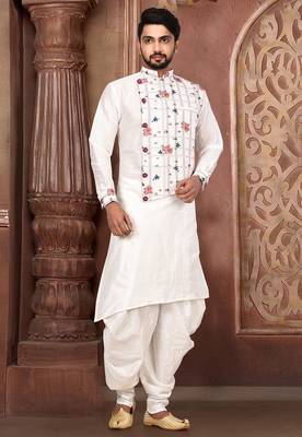 White And Floral Print Art Silk Dhoti Kurta 1