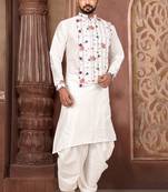 White And Floral Print Art Silk Dhoti Kurta